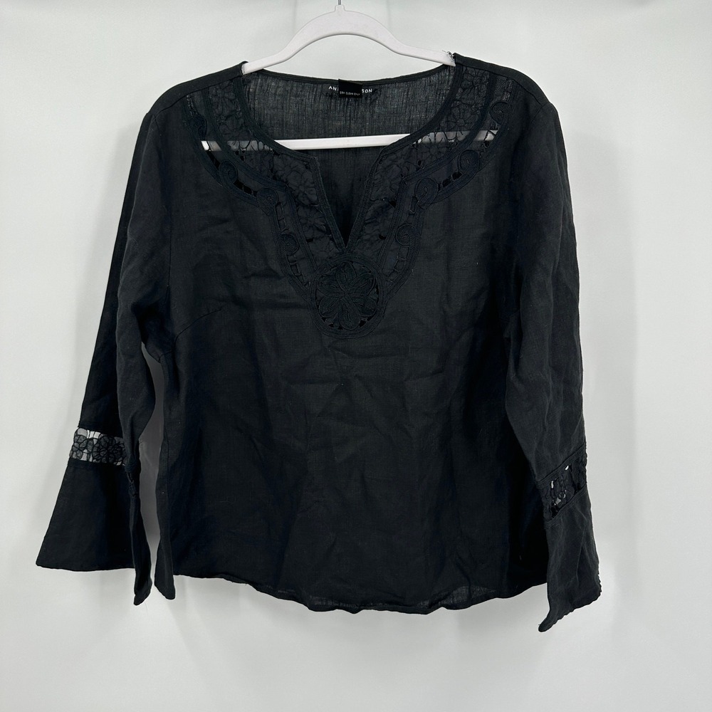 Anne Carson Womens Boho Lagenlook Linen Top Size XL Lace Trim Artisan Black